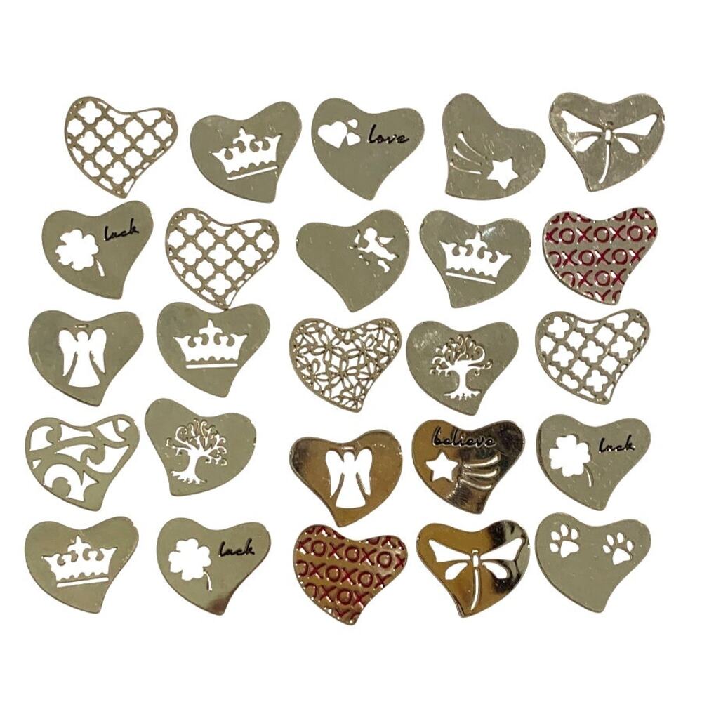 New Bulk Lot of 25 Floating Locket Jewelry Plates 22mm Themed Silver Hearts